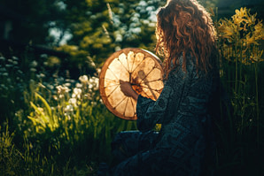 beautiful shamanic girl playing on shaman frame drum in the nature.